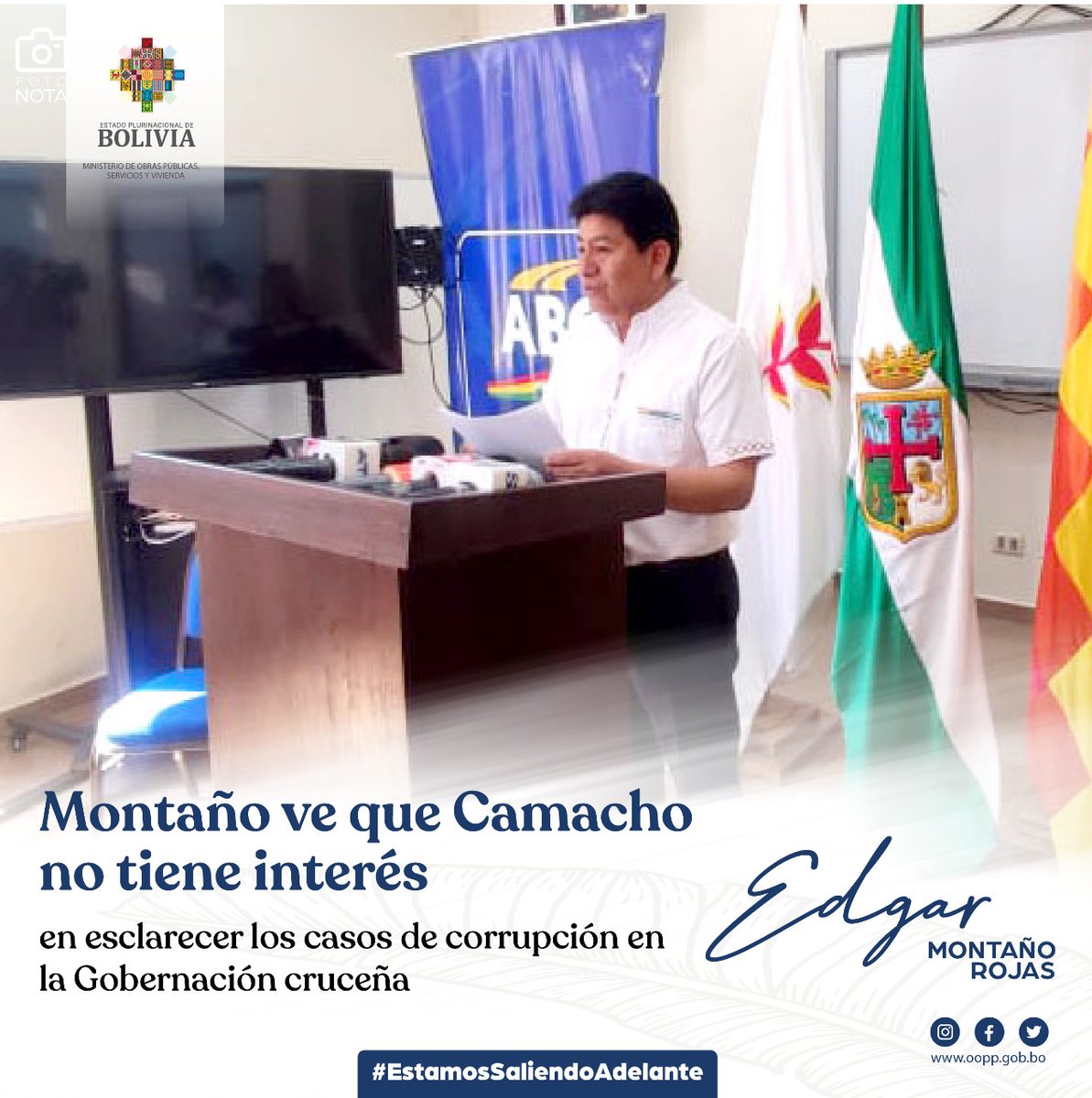 mopsv_Bolivia's tweet photo. 📸 #MOPSV |  El ministro de Obras Públicas, #EdgarMontaño, cuestionó el accionar de Luis Fernando Camacho, quien no demuestra interés en esclarecer los casos de corrupción en la Gobernación de #SantaCruz.

La nota en ➡️  https://t.co/sUzQ7bOGn2

#EstamosSaliendoAdelante https://t.co/bWzx4fEYqy