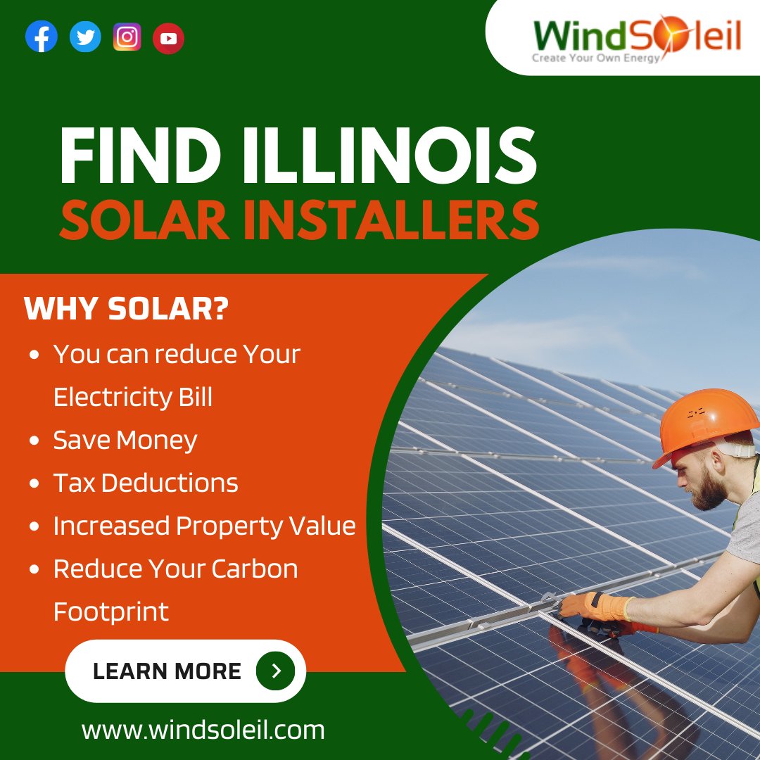 WindSoleil1's tweet photo. FIND ILLINOIS SOLAR INSTALLERS. Why Solar?
👉 You can reduce Your Electricity Bill
👉 Save Money
👉 Tax Deductions
👉 Increased Property Value
👉 Reduce Your Carbon Footprint

For More👉 https://t.co/558mOEdWd4
Call us today at (888) 944-5765

#solarpanels #solarenergysystem https://t.co/lBfsxiaeQ2