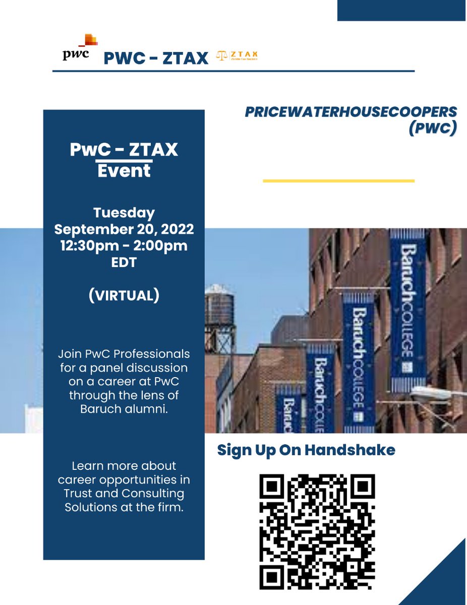 BaruchZGTS's tweet photo. Join us on Tuesday 9/20 for a virtual panel with PwC! We'll be hearing about open opportunities in Trust and Consulting Solutions within the firm, and also have an opportunity to network with Baruch alumni!

Link: https://t.co/GjM40edsJK

We look forward to seeing you there! https://t.co/NUo663Zxoe