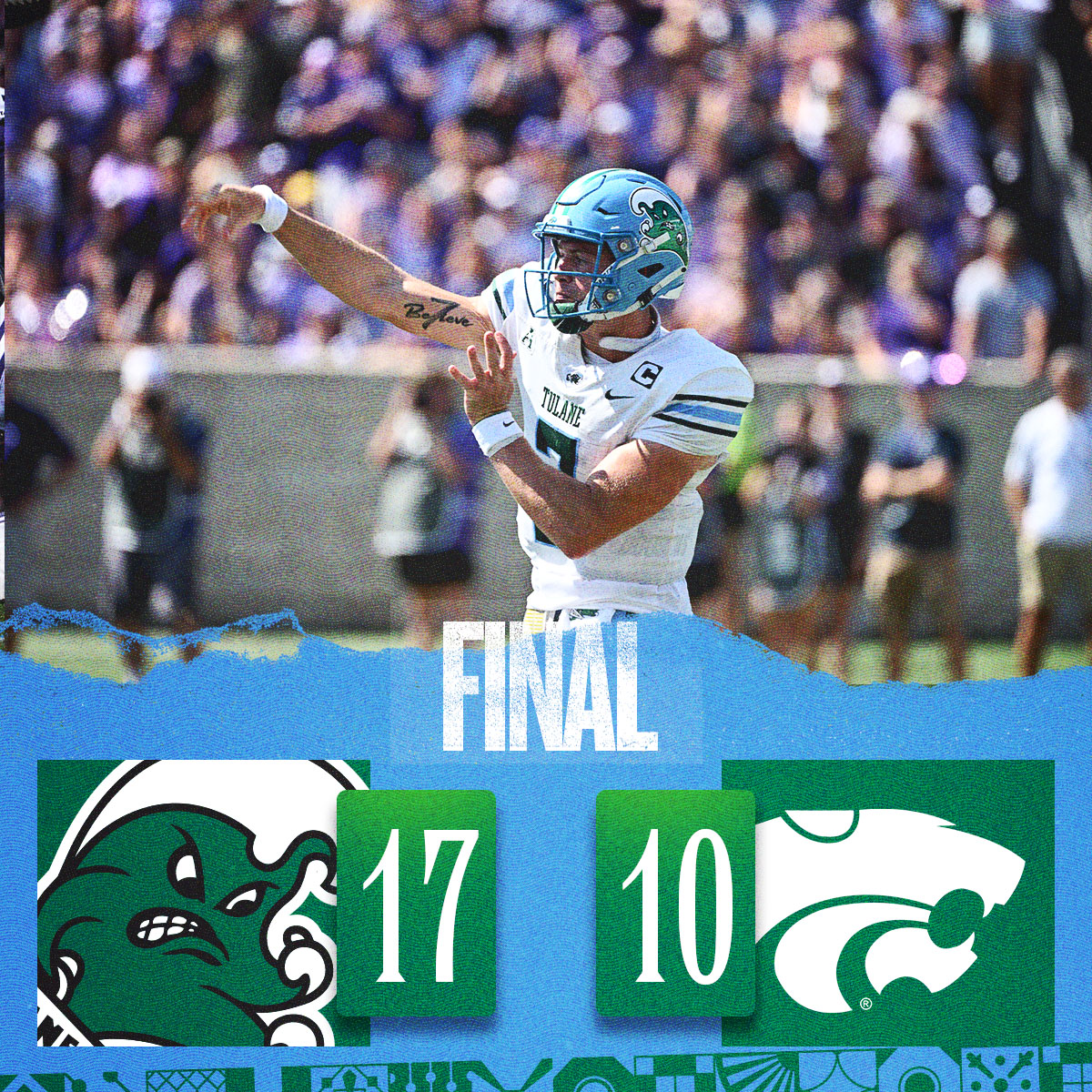 GreenWaveFB's tweet photo. Make it 3-0 with the road victory over Kansas State #RollWave 🌊 https://t.co/JHIW9p3eLG