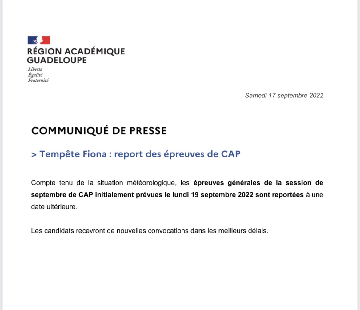 🔵 Compte tenu de la situation météorologique, les épreuves générales de la session de septembre de #CAP initialement prévues le lundi 19 septembre 2022, sont reportées à une date ultérieure.