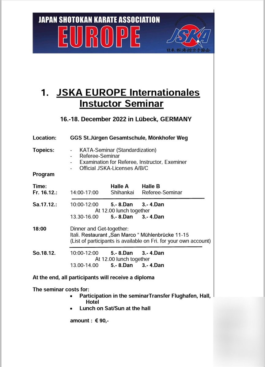 ShotokanHq's tweet photo. JSKA Europe are holding an instructor seminar hosted by JSKA Germany. It is open to all JSKA Europe 3rd Dan and higher (instructors) and you are strongly encouraged to attend.
#JSKA #jskaalltheway #jskaeurope #japanshotokankarateassociation #shotokan #karate https://t.co/E0GoJFJIKw