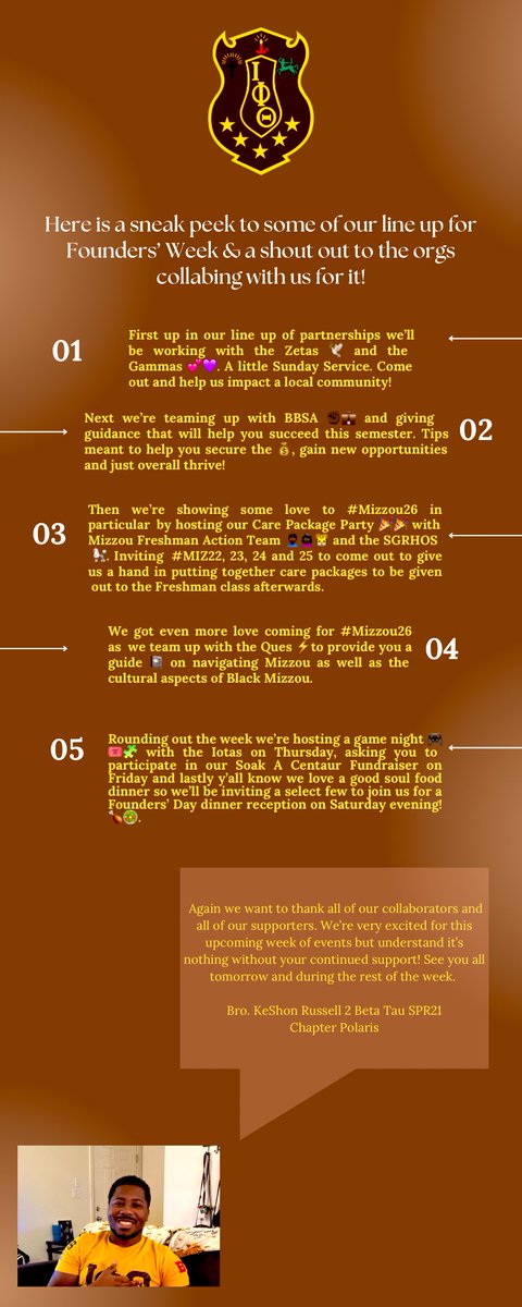 Here’s a sneak peek of the line up for Founders’ Week. Be sure to support us and our collaborators <a href="/mizzouzetas/">ΖΦΒ Chi Kappa | University of Missouri Zetas</a> <a href="/MizzouGammas/">ΣΛΓ ❋ MIZZOU</a> <a href="/MUBBSA/">BBSA</a> <a href="/MizzouFAT/">Freshmen Action Team</a> <a href="/AlphaRhoSgrhos/">ΣΓΡ | ΑΡ</a> and the <a href="/MizzouQues/">STEPPIN’ EΔ 🐶</a>