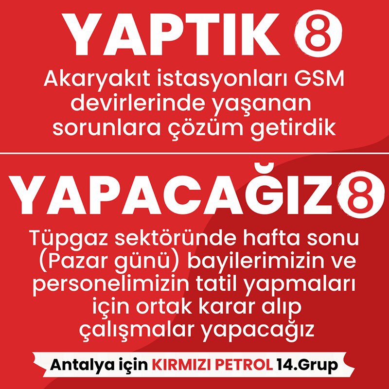 Tüpgaz sektöründe pazar günleri bayilerimizin ve personelimizin tatil yapabilmeleri için çalışmalar yapacağız! ✅ 

Antalya için Kırmızı Petrol 14.Grup⛽️

#14gruppetrolculer
#antalyakırmızıpetrol 
#kırmızı #antalyaiçinkirmizi #birliktengüçlüticarete #yaptıkyapacağız