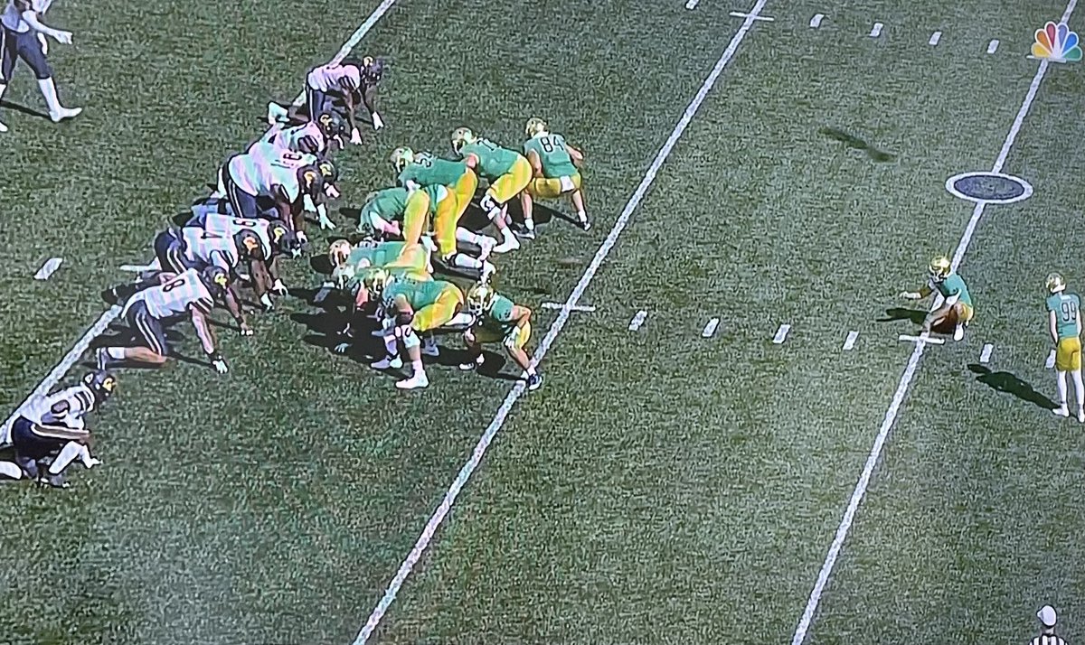 The ball had already been snapped. The Cal player at the top was called for offside. Instead of missed FG, first down. And just like that, Notre Dame tied it up at 7-7.