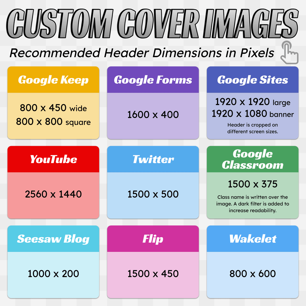 📏 This chart lists the recommended header sizes for sites and services you might use.

When creating custom headers, change the page or canvas size to the recommended dimensions in pixels. (In Google Slides go to File → Page Setup → Custom)