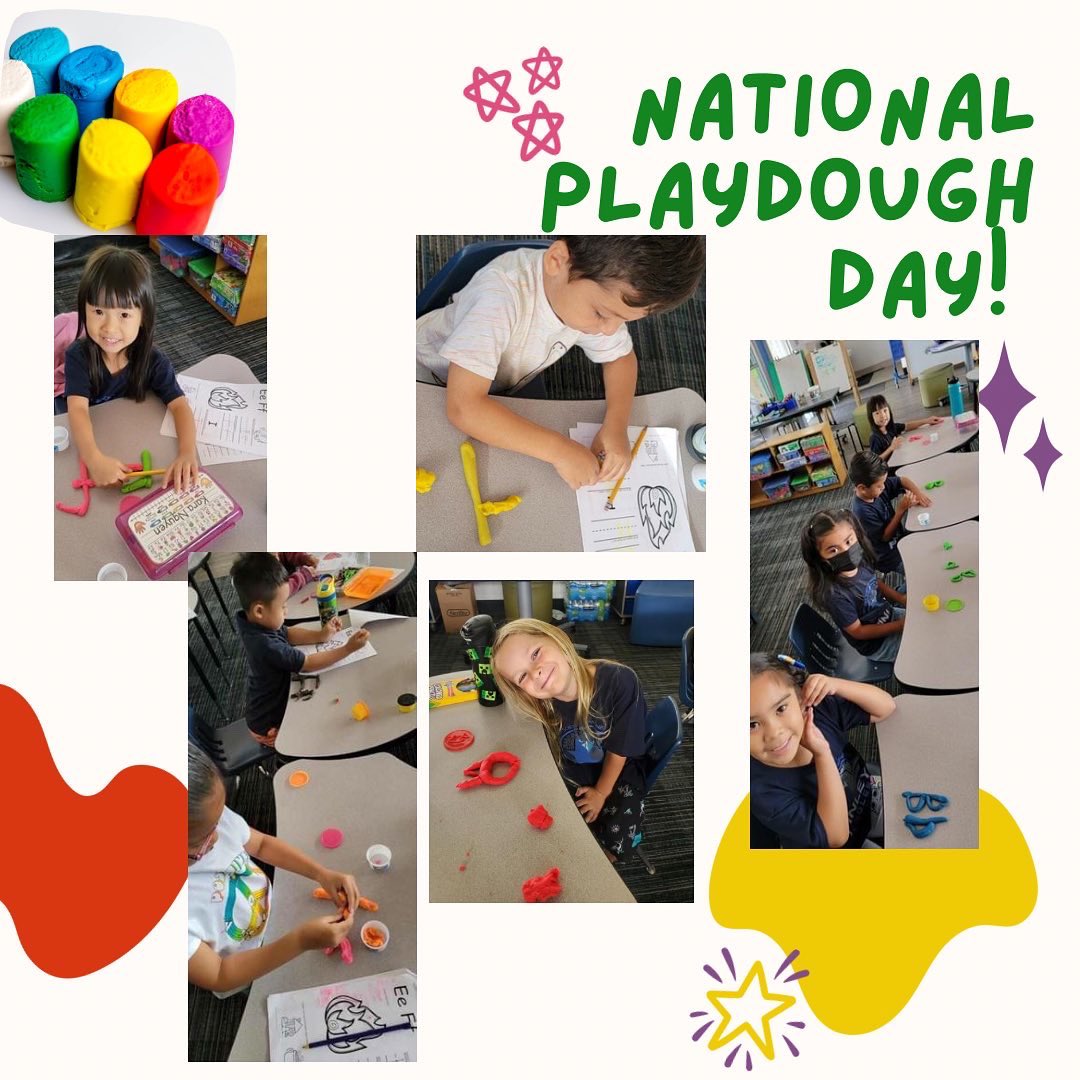 MsPerrys5th's tweet photo. Yesterday was National Playdough Day! Our kindergarten Eagles used their creative thinking skills to shape playdough into things like a ball, snake, flower and dinosaur! The squeezing, pinching and pulling movements also help strengthen hand muscles and develop fine motor skills. https://t.co/43BtqpCEhx