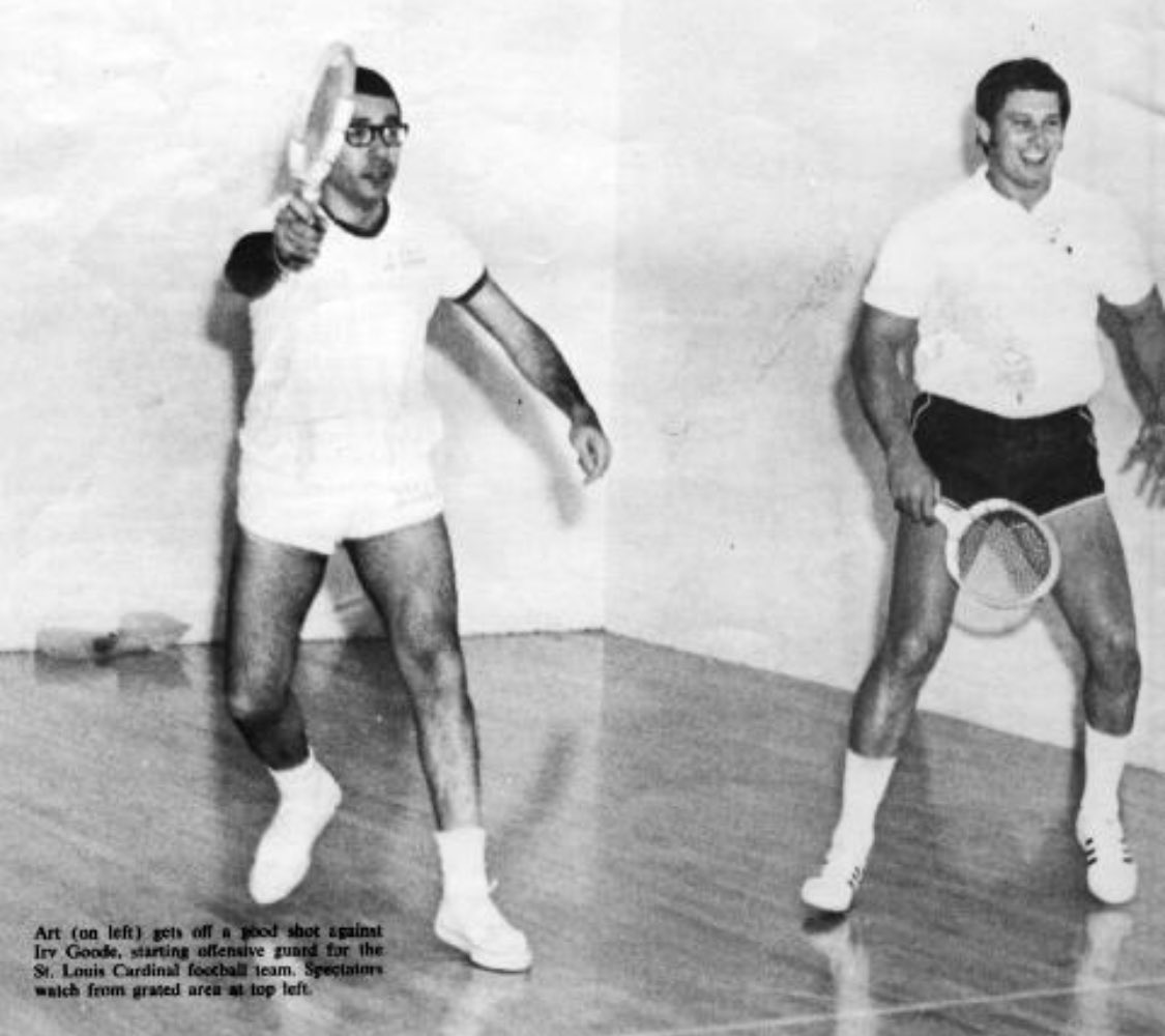 ArthurAlbertTV's tweet photo. Anyone on Twitter old enough to remember the old St Louis Cardinals football team and their famous left guard Irv Goode? That’s me giving him a #racquetball lesson more than half a century ago — in 1971! https://t.co/GrrkwPcxkL