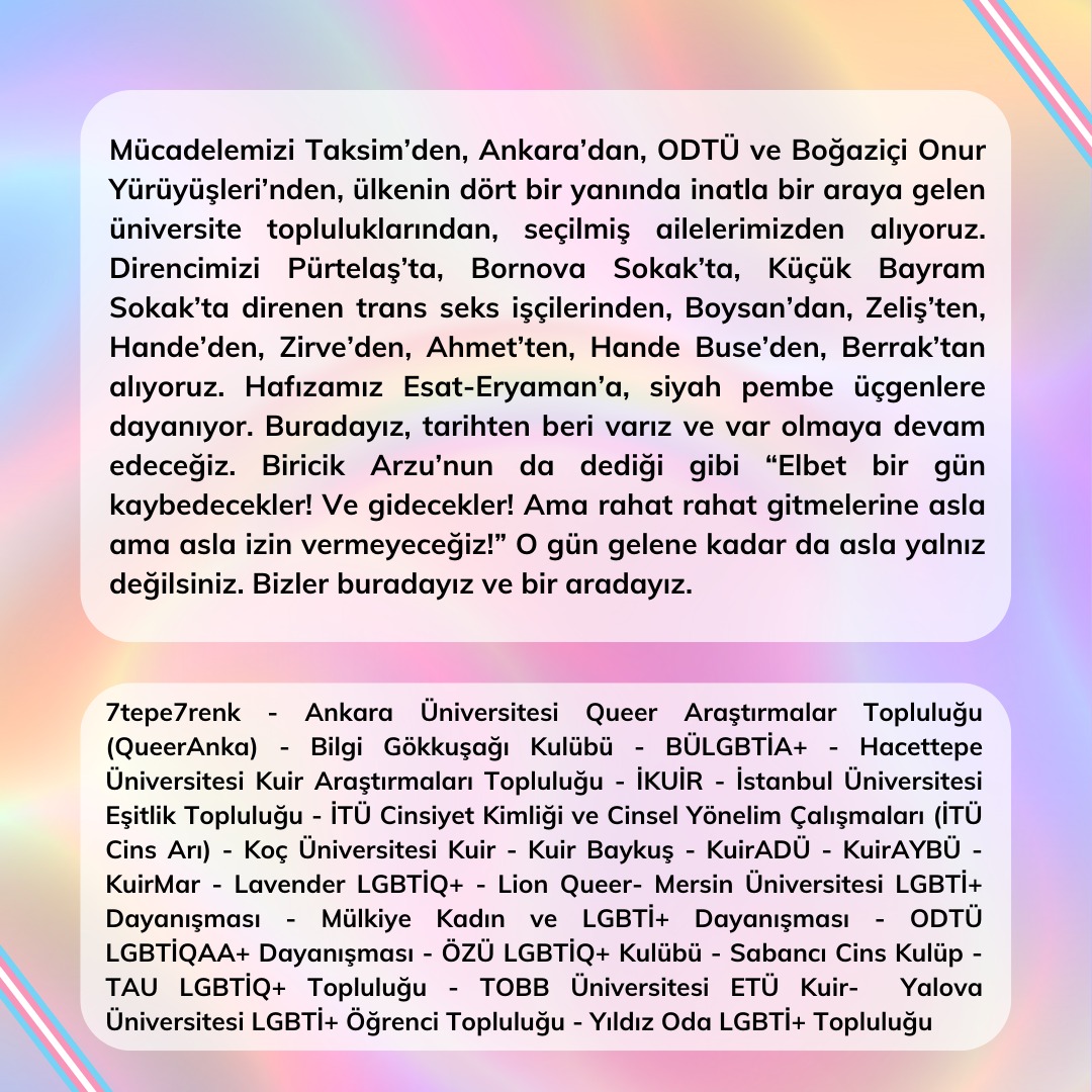 Üniversiteli LGBTİ+ toplulukları olarak lubunyalara açık mektubumuzdur! #neyalnızsınneyanlış #nefretyürüyüşünehayır