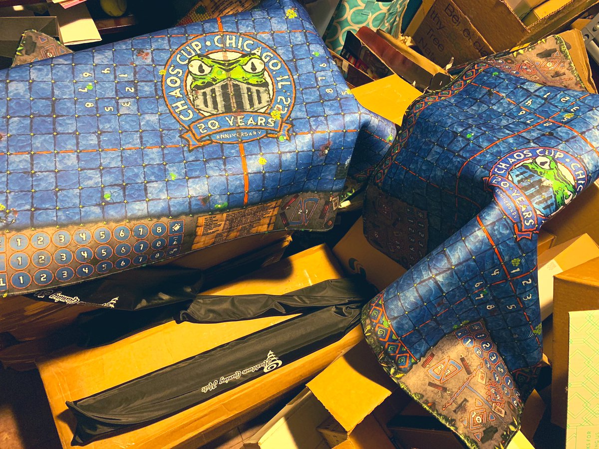 200lbs of <a href="/mdsgamemats/">Maelstrom Game Mats</a> ready for Chaos Cup 2022!!  Jack did an absolute bang up job on these… a week from now they’ll have lovely toys scattered atop them 😎