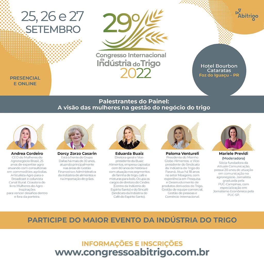 andreascordeiro's tweet photo. Semana que vem estarei em Foz para prestigiar congresso da #ABITRIGO e participar de painel sobre o olhar da mulher na gestão desta cadeia. Pela primeira vez o evento traz 1 painel abordando este tema e com 100% de especialistas mulheres. Parabéns @abitrigo #trigo #agro #gestão https://t.co/7eVN5WdtSw