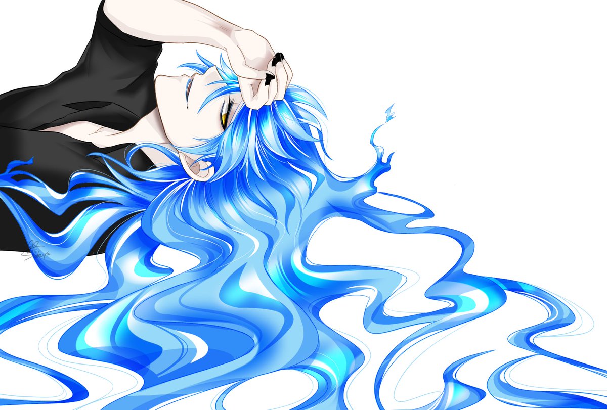 1boy long hair male focus yellow eyes blue hair solo lying  illustration images