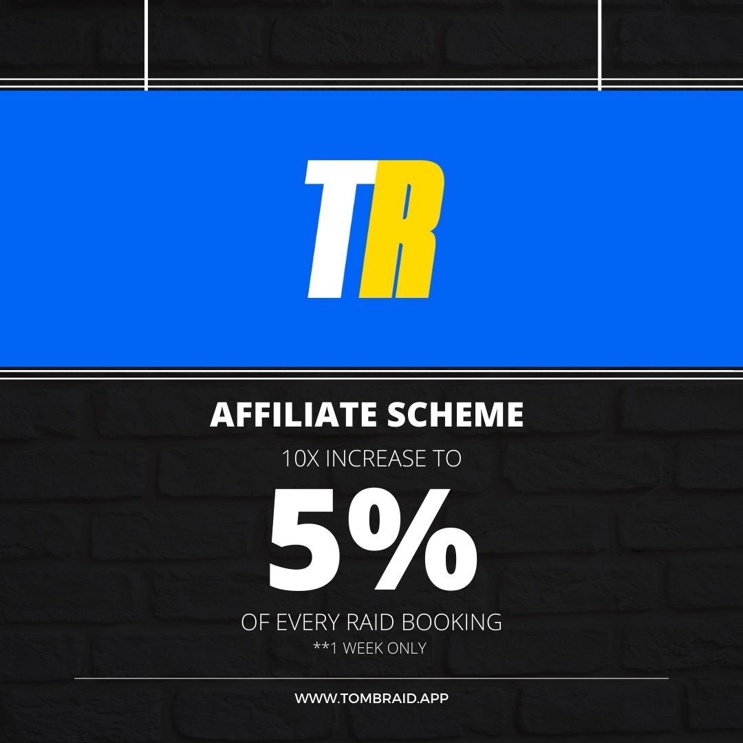 10x increase of Affiliate Reward to 5% of every booking

To help push out the platform we have temporarily increased affiliate rewards to 5% of every booking! 

Every booking they make through your link - you receive 5% of the budget. Get yours set up now!
tombraid.app/affiliate-mark…