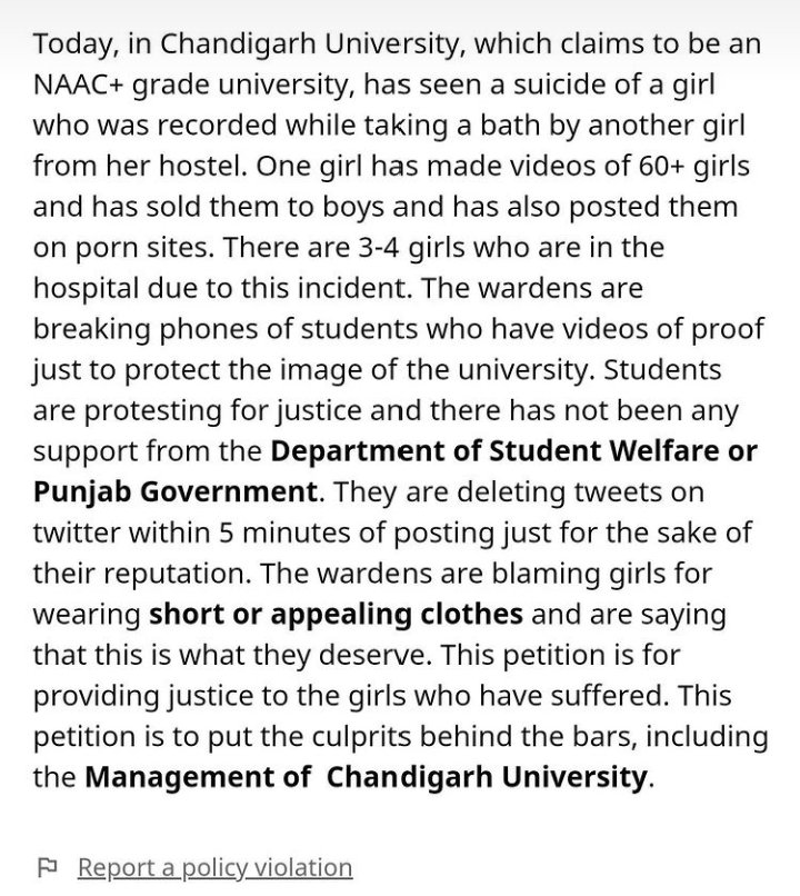 alashshukla's tweet photo. This is bullshit.
Blaming students for this is just unjustified and shamelessness.

One girl lost her life.

#JusticeForCUGirls
#ChandigarhUniversity https://t.co/30YBBFcYek