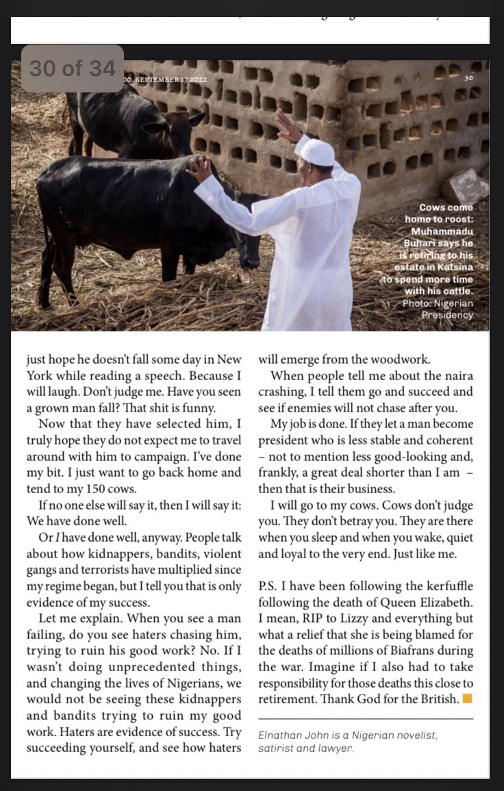 elnathan_john's tweet photo. I transcribed my darling @MBuhari's thoughts in the 100th edition of @thecontinent_ https://t.co/LAtzG1pcgm