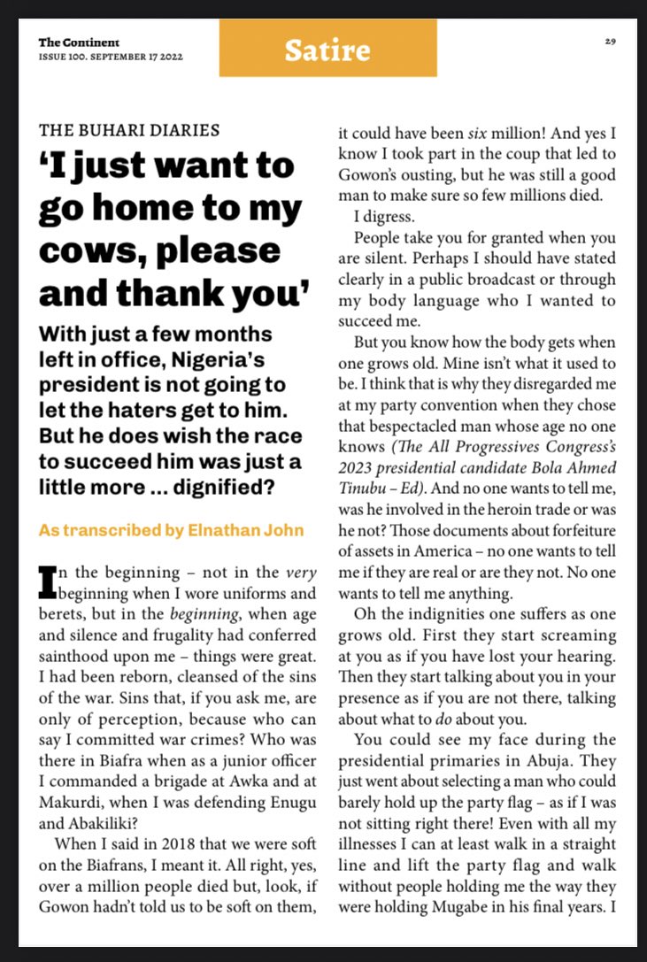elnathan_john's tweet photo. I transcribed my darling @MBuhari's thoughts in the 100th edition of @thecontinent_ https://t.co/LAtzG1pcgm