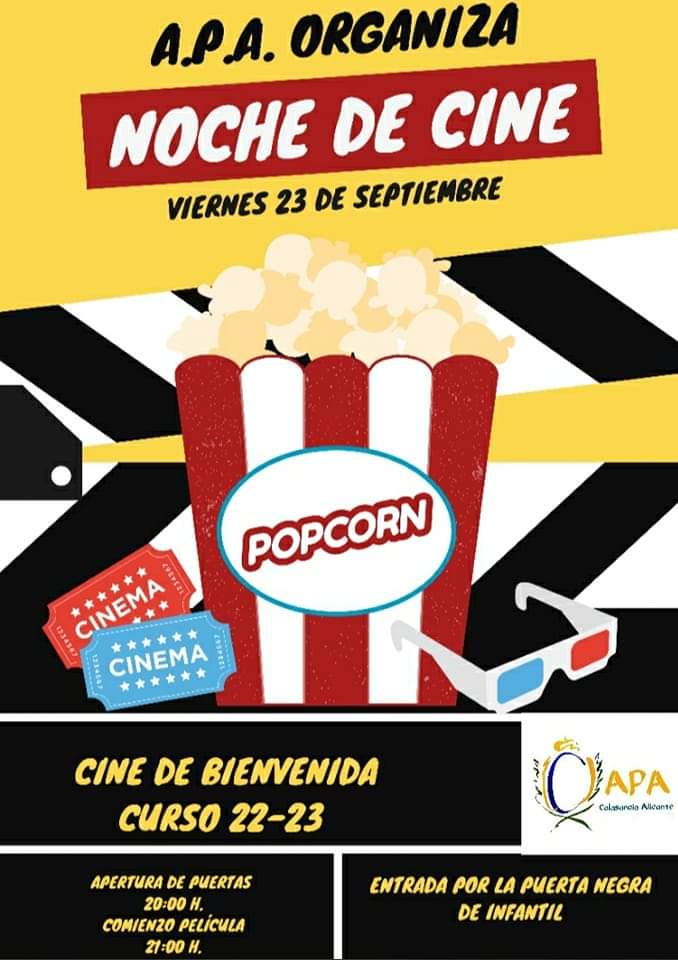 CalasancioAlic's tweet photo. @apacalasancioalicante nos trae de vuelta el #cine de bienvenida. Os esperamos el próximo viernes 23 de septiembre. Más información, en breve, en la plataforma del cole. #apa #estiempodesalir #vueltaalanormalidad #cineentucole @APACALASANCIO https://t.co/rUwHFXogSN