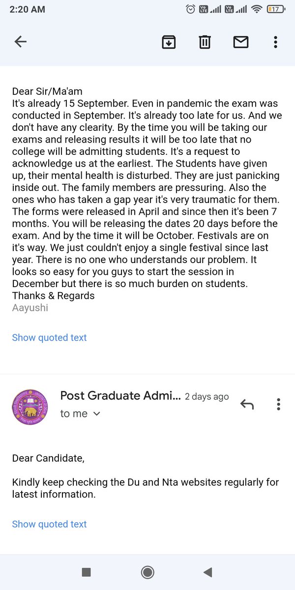 Aayushi_024's tweet photo. On the verge of breakdown #duetpg #univofdelhi #nta @UnivofDelhi @DG_NTA @aajtak @mamidala90 @manashTOI @ANI. No one is giving media coverage. Students are freaking out. How much do you want to test the patience of us. https://t.co/GV4seSg7vF