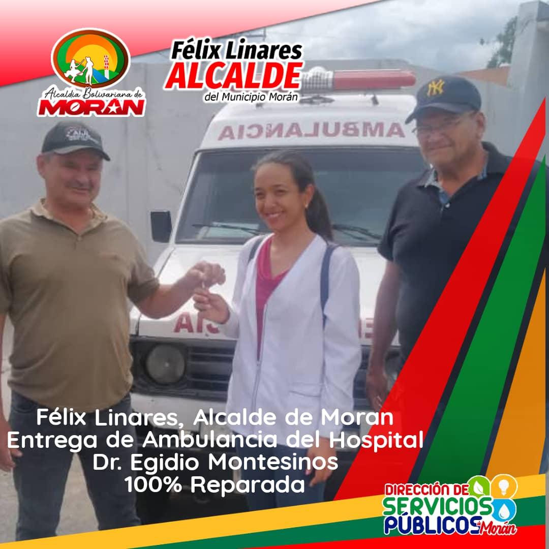 ComnClapMoran's tweet photo. Hoy Gracias a la Gestión del Alcalde Félix Linares, y de manera articulada con la Dirección de Servicios Públicos y el Equipo de Administración, se Gestionaron los Recursos necesarios, y se logró la Reparación de la Ambulancia,  adscrita al Hospital Dr. Egidio Montesinos. https://t.co/FvwbaIRCja