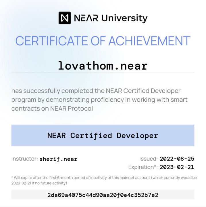 lovathom's tweet photo. Happy days! Officially a @NEARProtocol Certified Developer! 🥳🍾 https://t.co/JSj0DjCodC