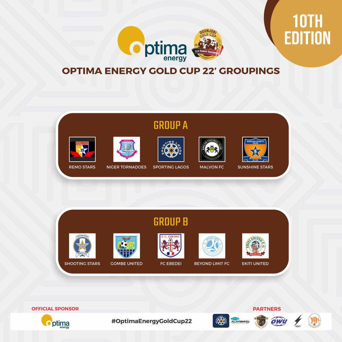 OlaThrill's tweet photo. 📰 #OptimaEnergy #OgunjobiGoldCup22 Groupings!
Defending Champions, Remo Stars and New Comers, Sporting Lagos, Malvon FC lead the pack in group A as Ebedei FC and Beyond Limits renew rivalry in Group B. https://t.co/c3lYjVJGkF