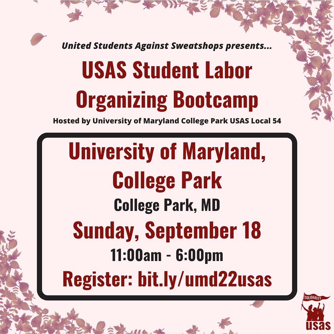 Our next USAS Bootcamp is tomorrow at the University of Maryland!! We’ll be talking all about student worker organizing, from campaign strategy to outreach tactics and so much more. Register now to join us at bit.ly/umd22usas - all students are welcome!