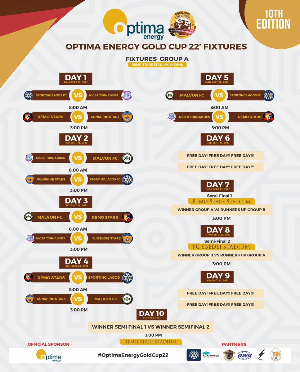 OlaThrill's tweet photo. 📰Group A and B Tentative Fixtures!
#OptimaEnergy #OgunjobiGoldCup22 https://t.co/dW9PN3m8uu