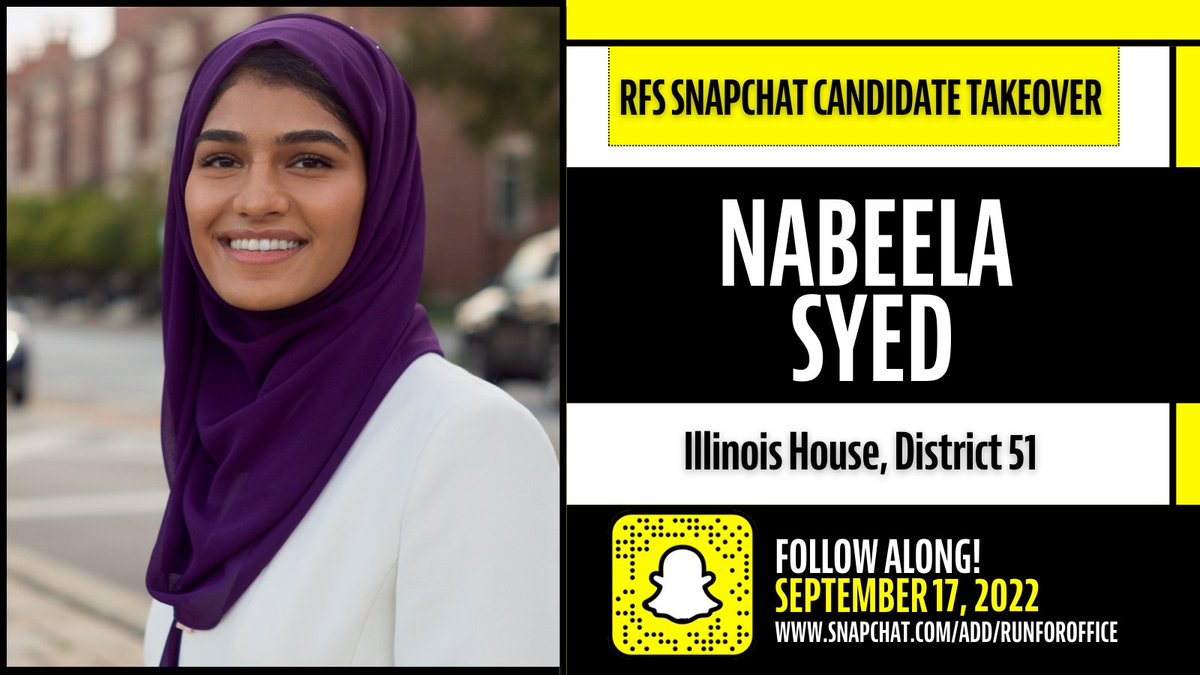 runforsomething's tweet photo. We have another #CandidateTakeover today!
Head over to Snapchat and get to know @NabeelaforIL, a community organizer and educational advocate, running for State Representative in Illinois’s 51st District:
https://t.co/hKpPVa13tB https://t.co/QOElnIy1Vx