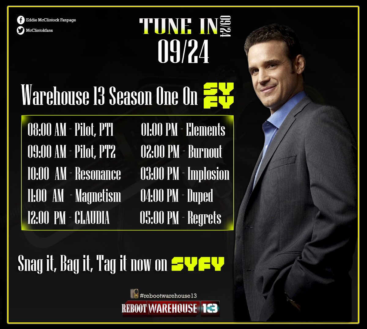 McclintockFans's tweet photo. ONE week from today, @SYFY  is giving us a #Warehouse13 marathon.  SEPTEMBER 24TH beginning at 8am!  So, mark your calendars, set your alarms, stay in your pajamas and gather your snacks - on September 24th, you day is planned!  #RebootWarehouse13 @EddieMcClintock https://t.co/ebWc6dd7E3