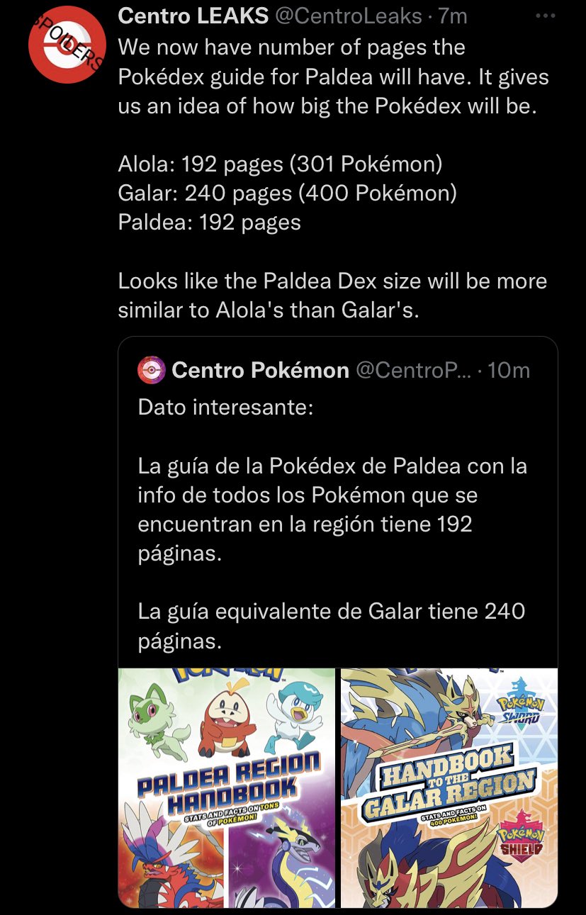 Centro LEAKS on X: We now have number of pages the Pokédex guide for Paldea  will have. It gives us an idea of how big the Pokédex will be. Alola: 192  pages (