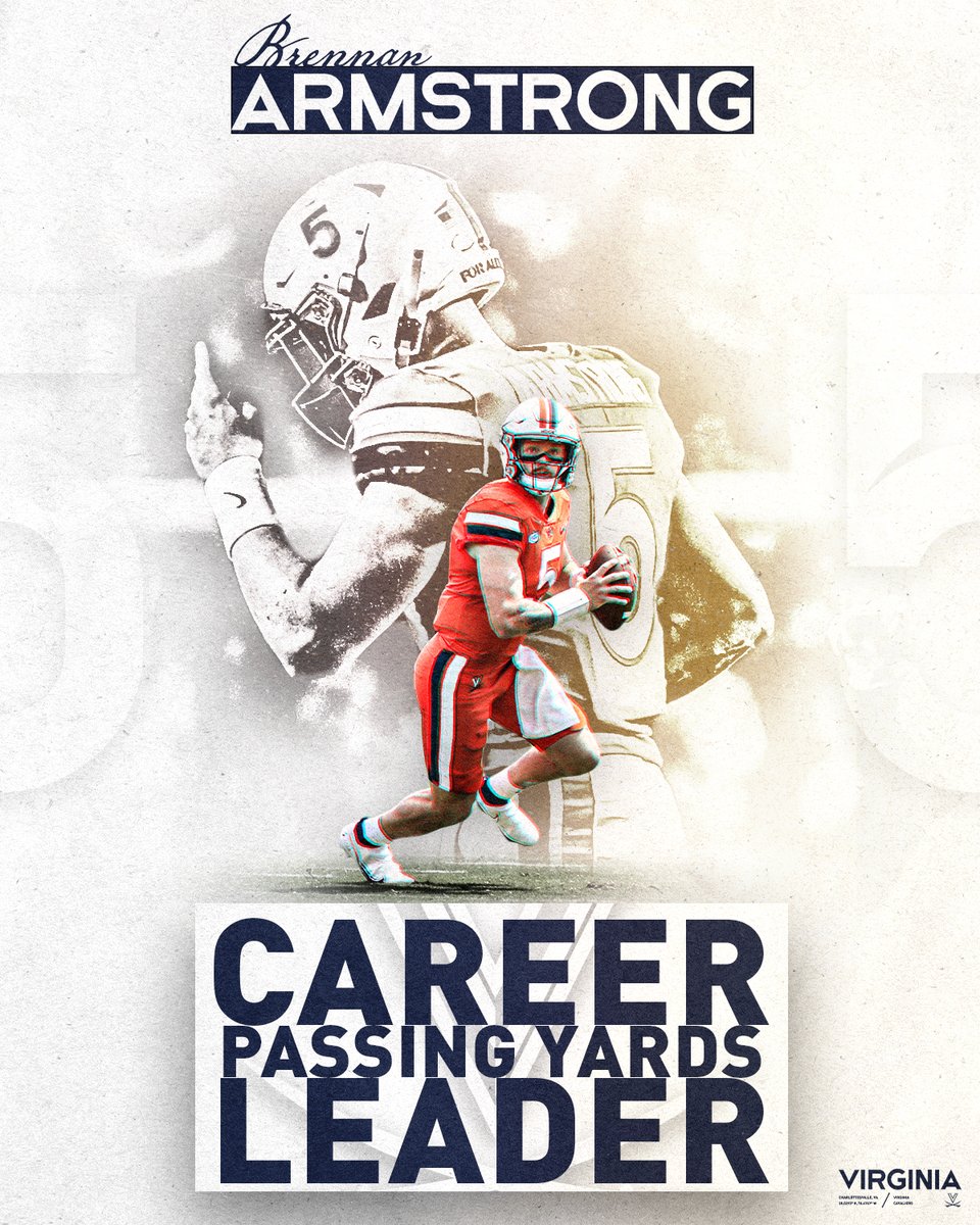 UVAFootball's tweet photo. We have a new career passing leader! 

@bstrong34 passes Matt Schaub for the most career passing yards at UVA with a 17-yard pass to Lavel Davis. https://t.co/tFDsWrBrS2