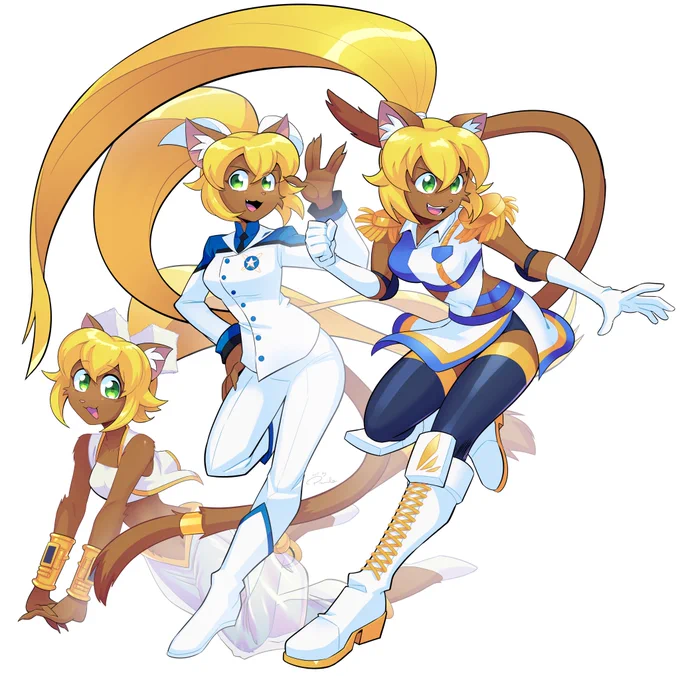 Commission for  This is Ivesa thorough the years! (From left to right ) first as Princess Ivesa, then her working for the Galactic Federation and then is her as a wrestler! Thank you very much for commissioning me!  
