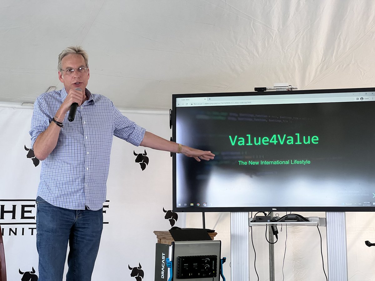 Rontie's tweet image. @adamcurry, #ThePodfather, sharing his vision of the #Value4Value model. 

The single man whose hand has been involved in every aspect of this bridge to #Sovereignty that we finds ourselves crossing.

Together we’re strong!

#TBI #BeefInitiaitve #Podcasting2 #NoAgenda #BTC