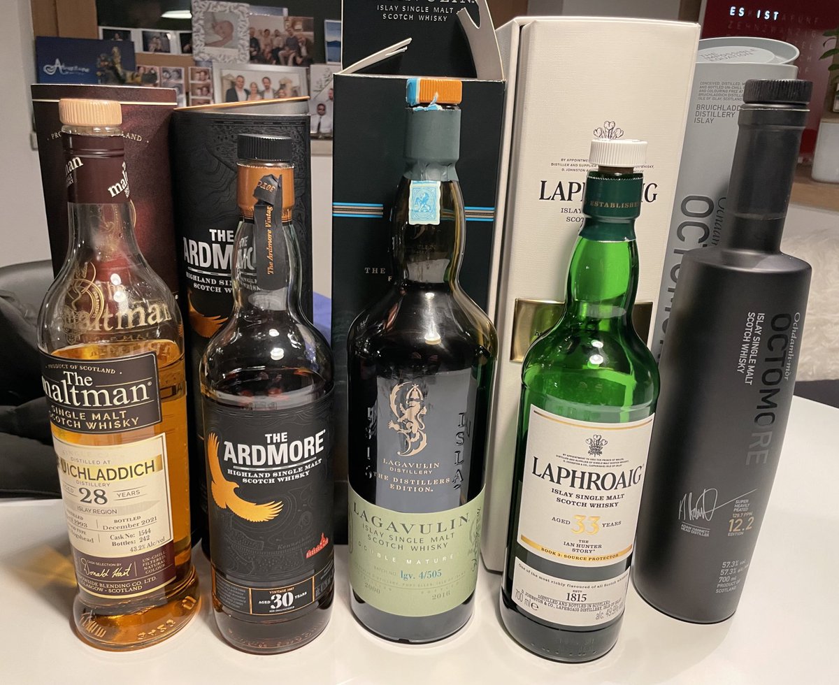 OfDrams's tweet photo. Friendly tasting flight in a Saturday night with @Dramlexander and @DinterRuben… 
Personal preference: Super nice @Laphroaig, followed by a strong #ardmore and a very friendly @Bruichladdich by #TheMaltMan https://t.co/rhMN2PymNF