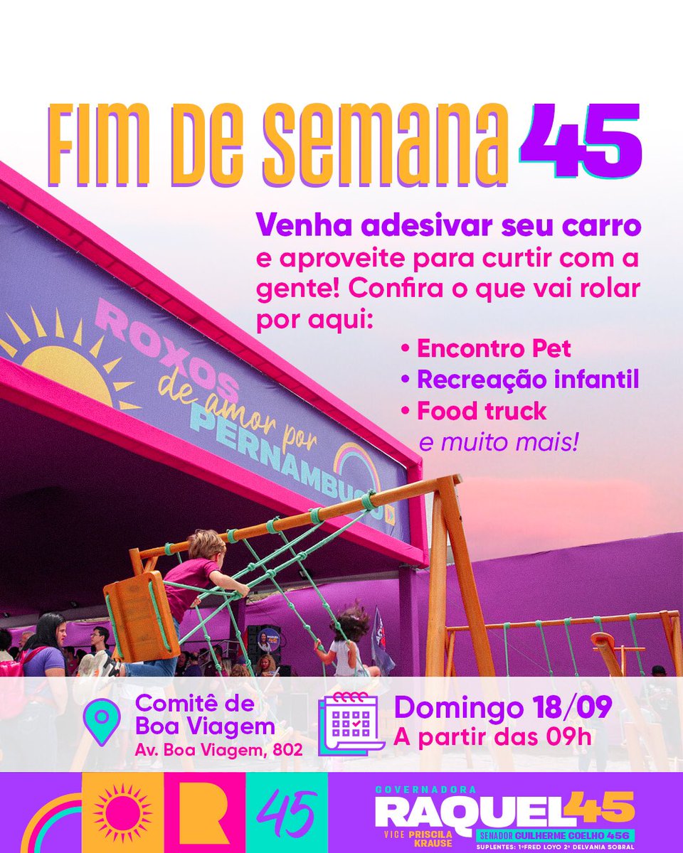 raquellyra's tweet photo. Alô, meu povo do Recife! Neste domingo vai ter uma programação massa em nosso comitê de Boa Viagem. Traga seu pet, as crianças, a sua família e venha se divertir com a gente. Bora mudar Pernambuco? 💜🚀

💜4️⃣5️⃣✅

#PernambucoPraCima #R45 #RaquelLyra https://t.co/DapzBKheV6