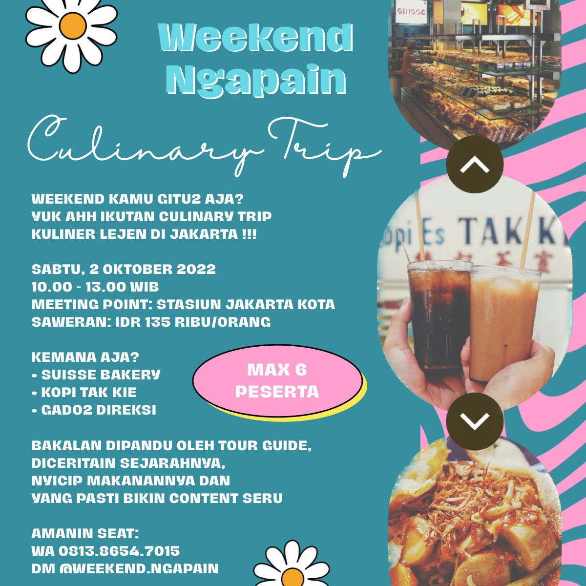 sobatmagang_id's tweet photo. Yuk ikutan Culinary Trip bareng #weekendNgapain
Sobat bakal diajak ke 3 tempat kuliner lejen, diceritain history dan nyicipin langsung! Seru banget..
Segera amanin seat kamu dgn chat ke
https://t.co/BXZtdH1tV3
#weekend #magangID #culinarytrip #kulineran #jakarta #exploreJkt https://t.co/a7Bk4Jr1Og