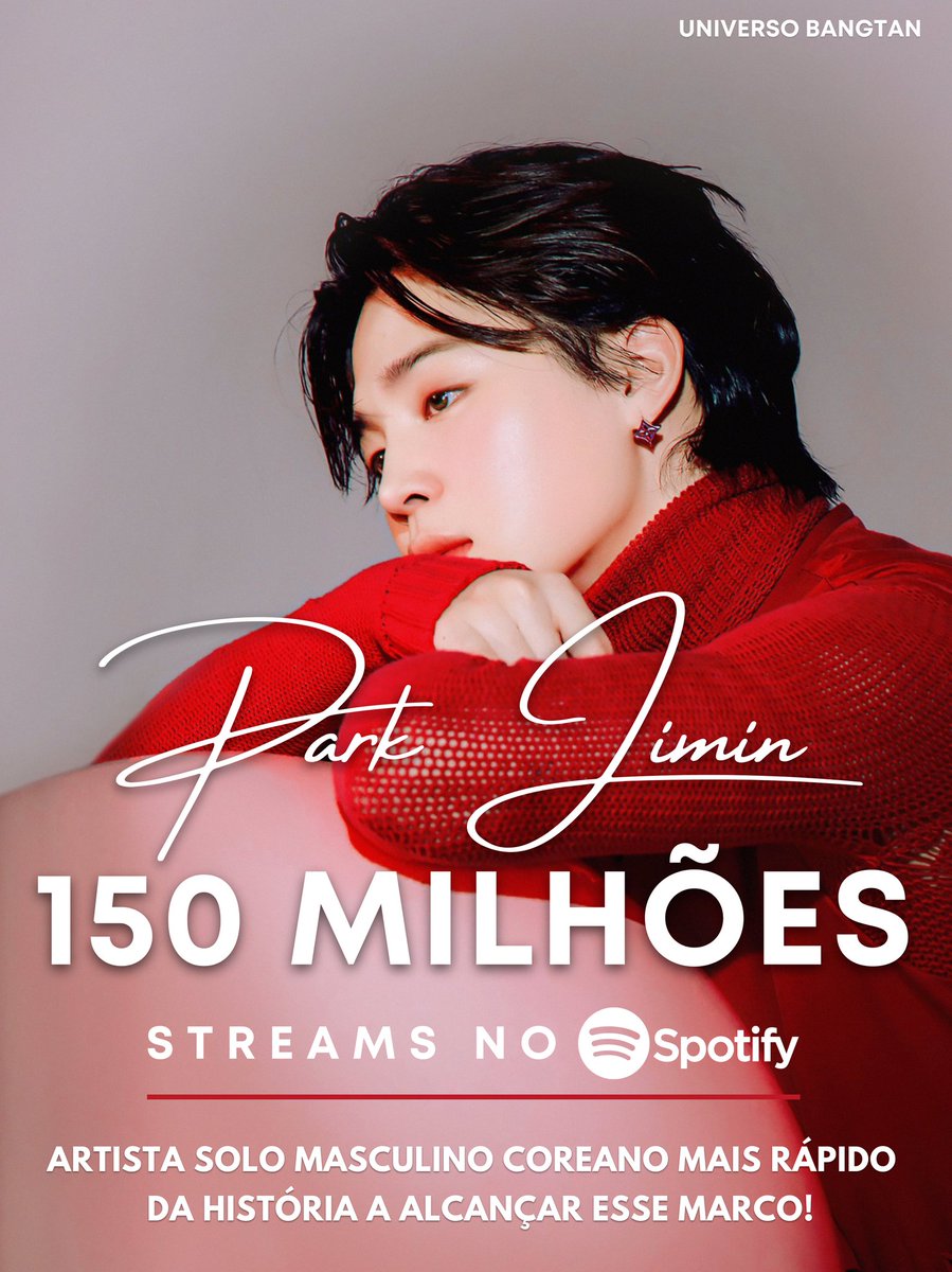 [📰] Jimin ultrapassou 150 MILHÕES de streams em sua conta oficial do Spotify.

Ele estabeleceu um novo recorde como o solista coreano mais rápido da HISTÓRIA a alcançar esse marco, e o alcançou com apenas uma música!

 Parabéns Jimin! 👏🏻❤️‍🔥✨️

🦊 <a href="/BTS_twt/">방탄소년단</a>  #JiminSpotify150M