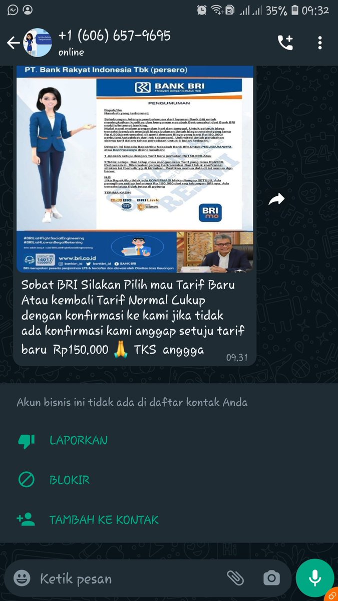 MeuSN3's tweet photo. Mohon infonya @kontakBRI @BANKBRI_ID ini tipu2 kah? Isinya sih gk masuk akal. Cm nomorny aneh bgt. https://t.co/Y8efrHWNOw