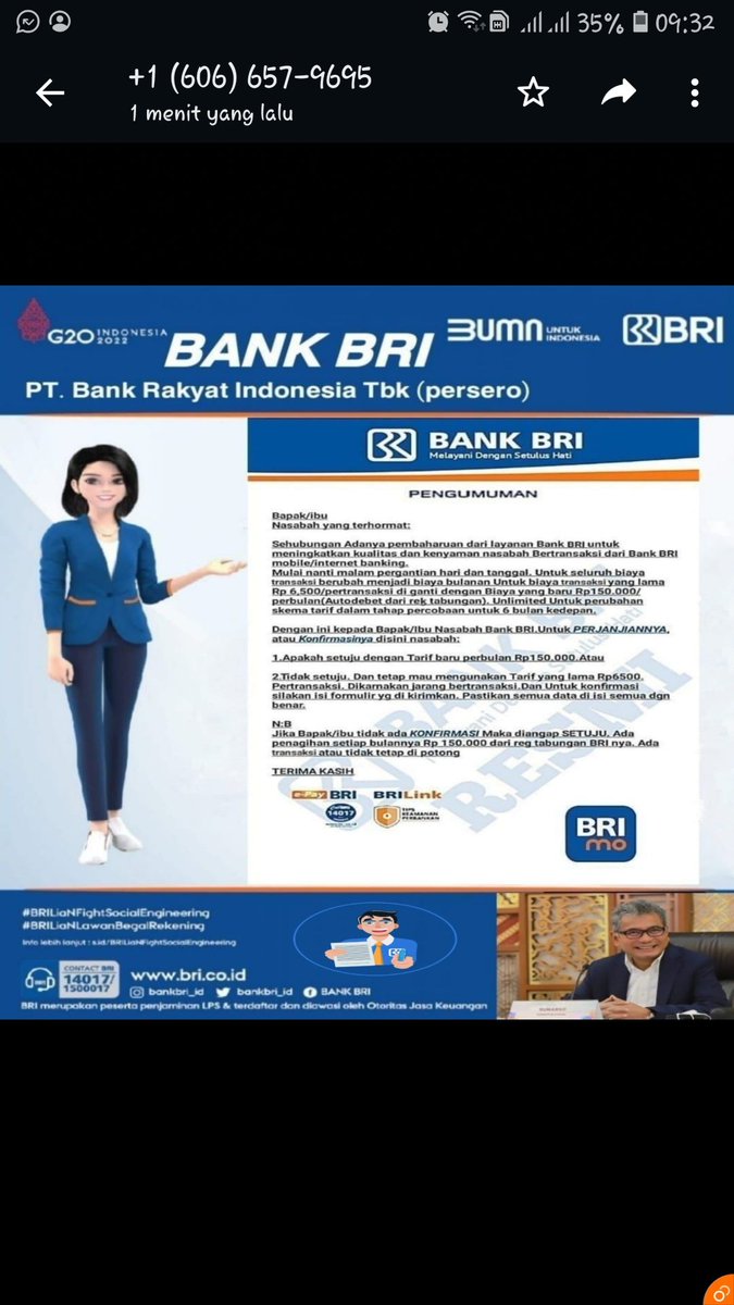 MeuSN3's tweet photo. Mohon infonya @kontakBRI @BANKBRI_ID ini tipu2 kah? Isinya sih gk masuk akal. Cm nomorny aneh bgt. https://t.co/Y8efrHWNOw