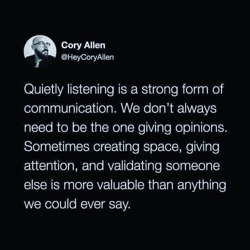 RodneyAPage's tweet photo. "Quietly listening is a strong form of communication."
#WisdomWeekend #InspiredLiving #ThinkBIGSundayWithMarsha #IQRTG #lifecoach #mentor #Truth @PRYMG_SHS #PhoenixRise https://t.co/Lz7bPYqF9o