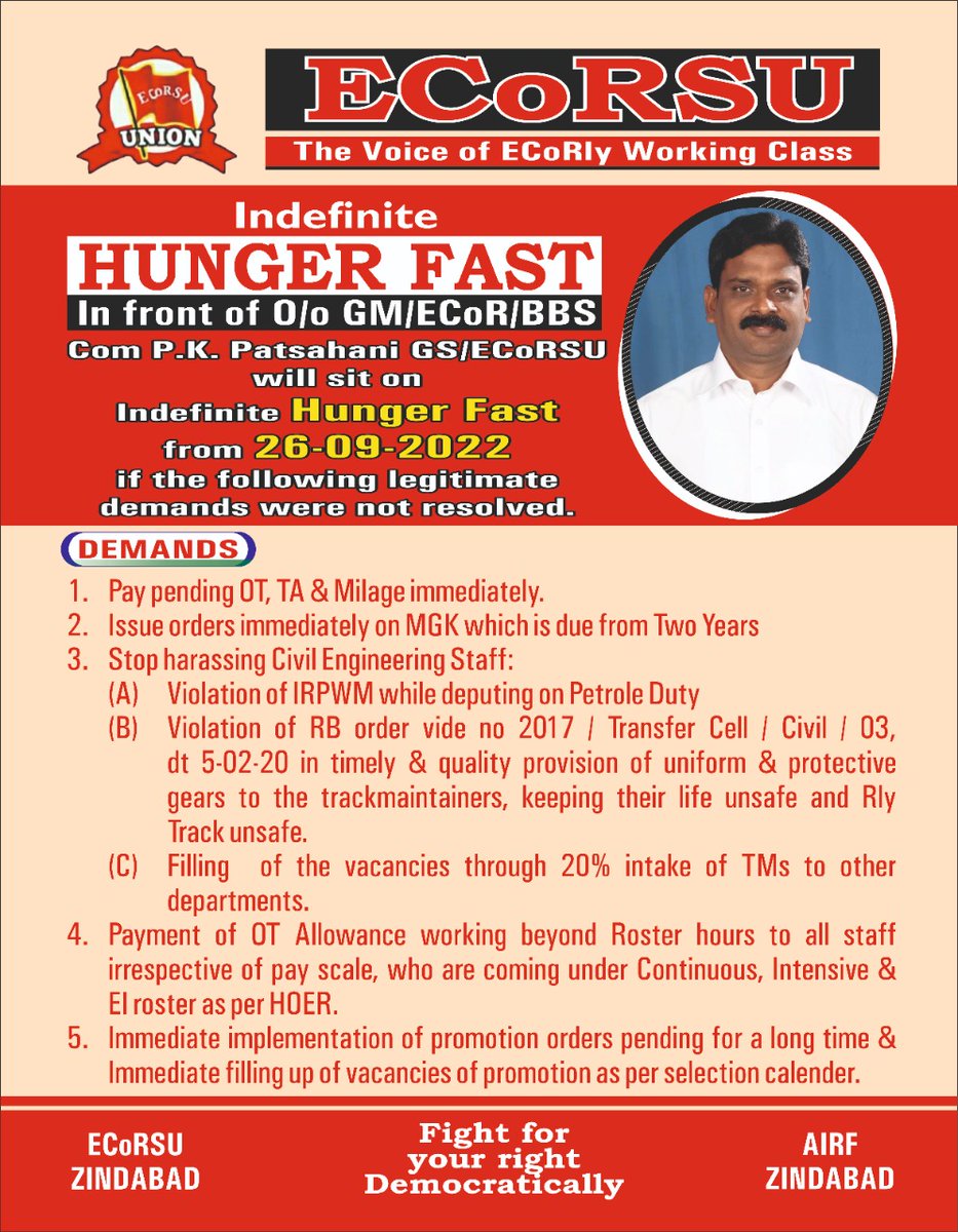 ECoRSU/GS Shri P K Patsahani ji will sit for indefinite hunger fast infront of O/o GM/ECoR from 26.09.2022 with the given demands.
<a href="/airfindia/">AIRF</a> <a href="/EastCoastRail/">East Coast Railway</a> <a href="/RailMinIndia/">Ministry of Railways</a> <a href="/AshwiniVaishnaw/">Ashwini Vaishnaw</a> <a href="/ShivaGopalMish1/">Shiva Gopal Mishra</a> <a href="/PMOIndia/">PMO India</a>