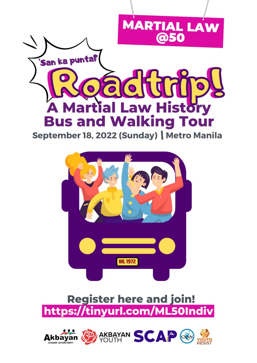 riajose's tweet photo. Happening today:
A Martial Law History Bus & Walking Tour with @AkbayanParty
"Lalabanan natin ang bad trip na fake news at historical revisionism ng road trip ng kasaysayan, katotohanan at katarungan." -Akbayan Spokesperson @docrjnaguit
#ML50Roadtrip #MLBadTrip #ML50 https://t.co/dmktzEUOCK
