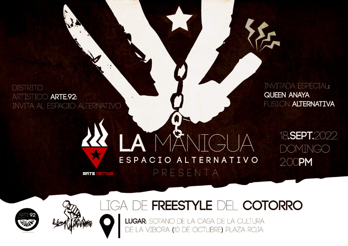 Mañana es la lucha por el premio de La Manigua, un proyecto de Arte92 en colaboración con <a href="/FstyleCotorro/">Liga Freestyle Cotorro</a>. Nos vemos en la casa de la cultura de la víbora!!🔥🔥