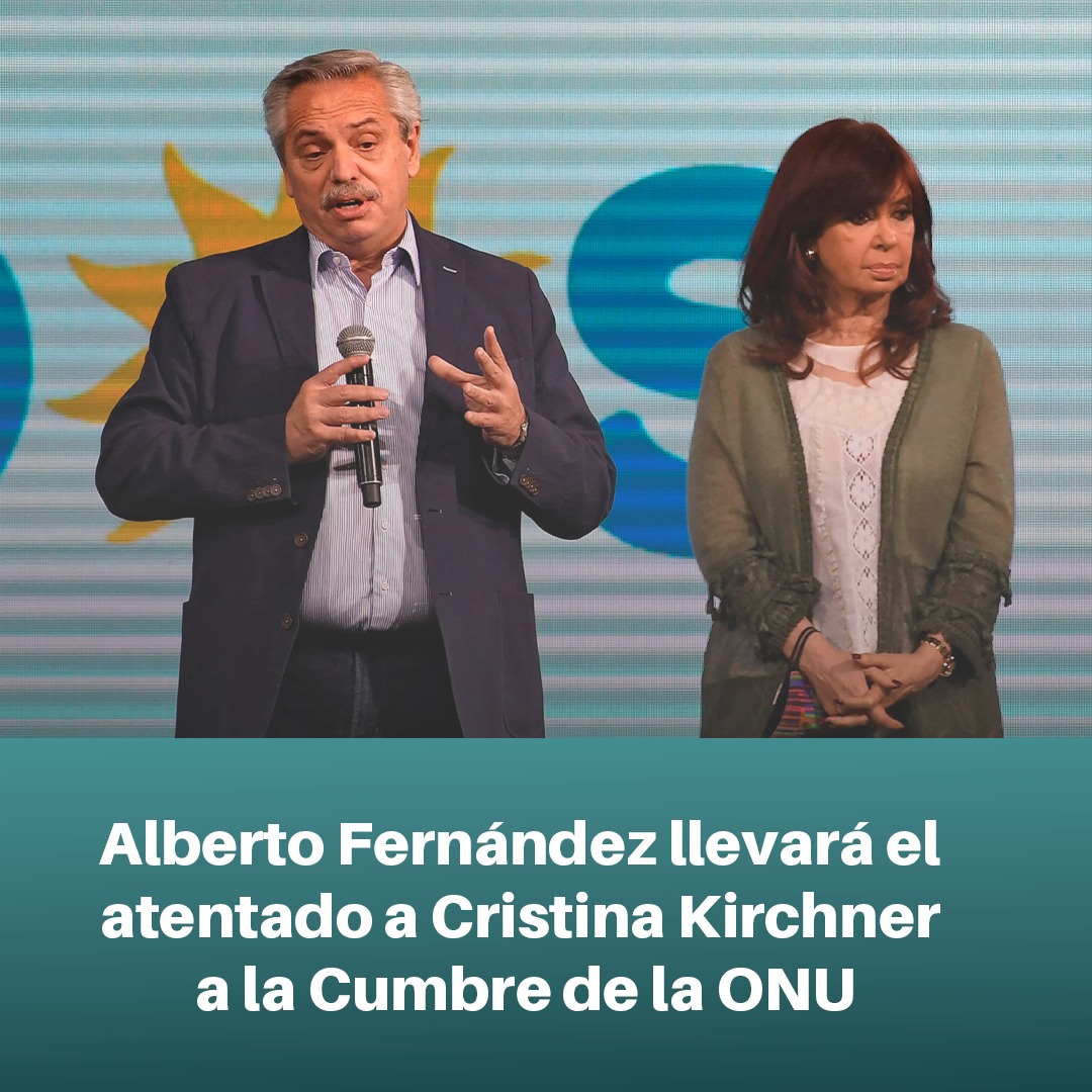 BunkerMedia_'s tweet photo. 🌐 ALBERTO FERNÁNDEZ HABLARÁ DEL ATAQUE A CRISTINA KIRCHNER EN LA ONU.

🗣 El presidente va a hablar sobre el intento de magnicidio hacia CFK en su exposición a la Asamblea General de las Naciones Unidas, conformada por alrededor de 200 jefes de Estado. https://t.co/ASRUjz4DQj