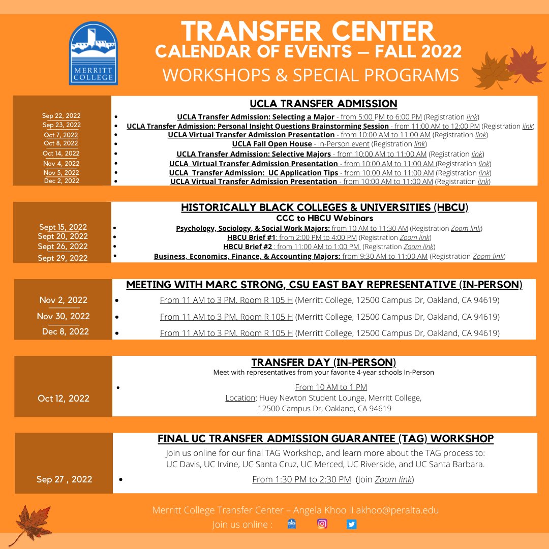 TransferMerritt's tweet photo. Don't forget to join us for our Fall 2022 events, and get to meet your favorite schools and programs!
#transfer #transferday #transfercenter #UCLA #HBCUs @calstate @PeraltaColleges @MerrittCollege https://t.co/I9s3prGRCD