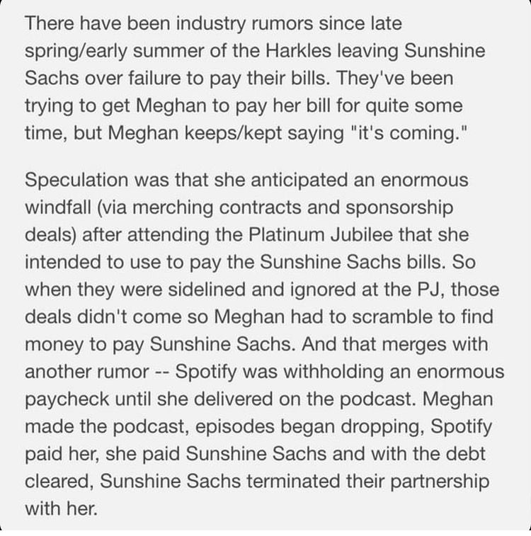 RUMOR: Meghan markle is broke and couldn’t pay #sunshinesachs until spotify paid them. Once paid sunshine Sachs dropped them! Karma #HarryisaTraitor #meghanmarkleisBROKE #MeghanMarkIsaLiar #GoHomeMeghanMarkle #GoHomeHarryTheTraitor #VoetsekMeghanMarkle