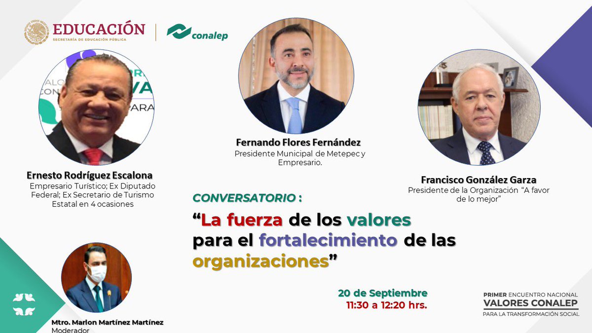 AGRADEZCO LA INVITACIÓN QUE ME HICIERA EL DIRECTOR GENERAL DEL SISTEMA CONALEP A NIVEL NACIONAL, EL DR. ENRIQUE KU HERRERA, A PARTICIPAR
EN EL PRIMER ENCUENTRO NACIONAL DE VALORES CONALEP, QUE SERÁ TRANSMITIDO EN VIVO A LOS  313 PLANTELES DE TODO EL PAÍS.
