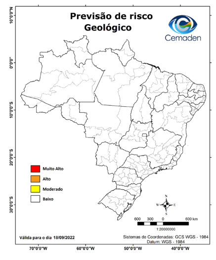 É baixo⬇️o risco de inundações, enxurradas e deslizamentos neste domingo (18), em todo o Brasil. Detalhes: gov.br/cemaden/pt-br/… Fonte: @CEMADEN