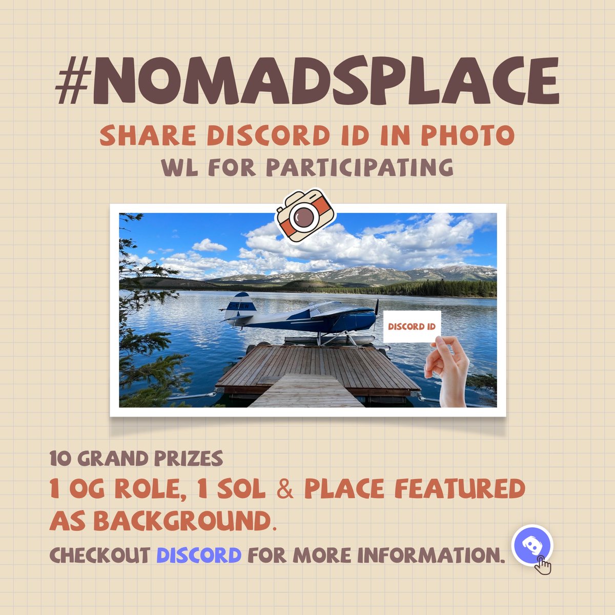 Looking for an easy way to join the Nomads community? Post a photo of a scene or background with your Discord ID in the photo and use the #NomadsFit and tag us. Prizes: 10x Winners: 1 OG Spot, 1 $SOL, Trait in Collection Participating: 1x WL Spot Full Details in Discord