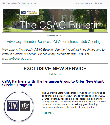 CSAC_Counties's tweet photo. Inside this week's #CSACBulletin:
🤝🏻 @CSAC_Counties &amp; @Ferguson_Group partner for new #CACounties' Grant Services
🖋️ .@CAgovernor Signs #CARECourt legislation
⛈️ Federal Update: Expediting Disaster Recovery Act Provides @fema Flexibility
https://t.co/KmOVJVtj0A https://t.co/3H92QJxINo